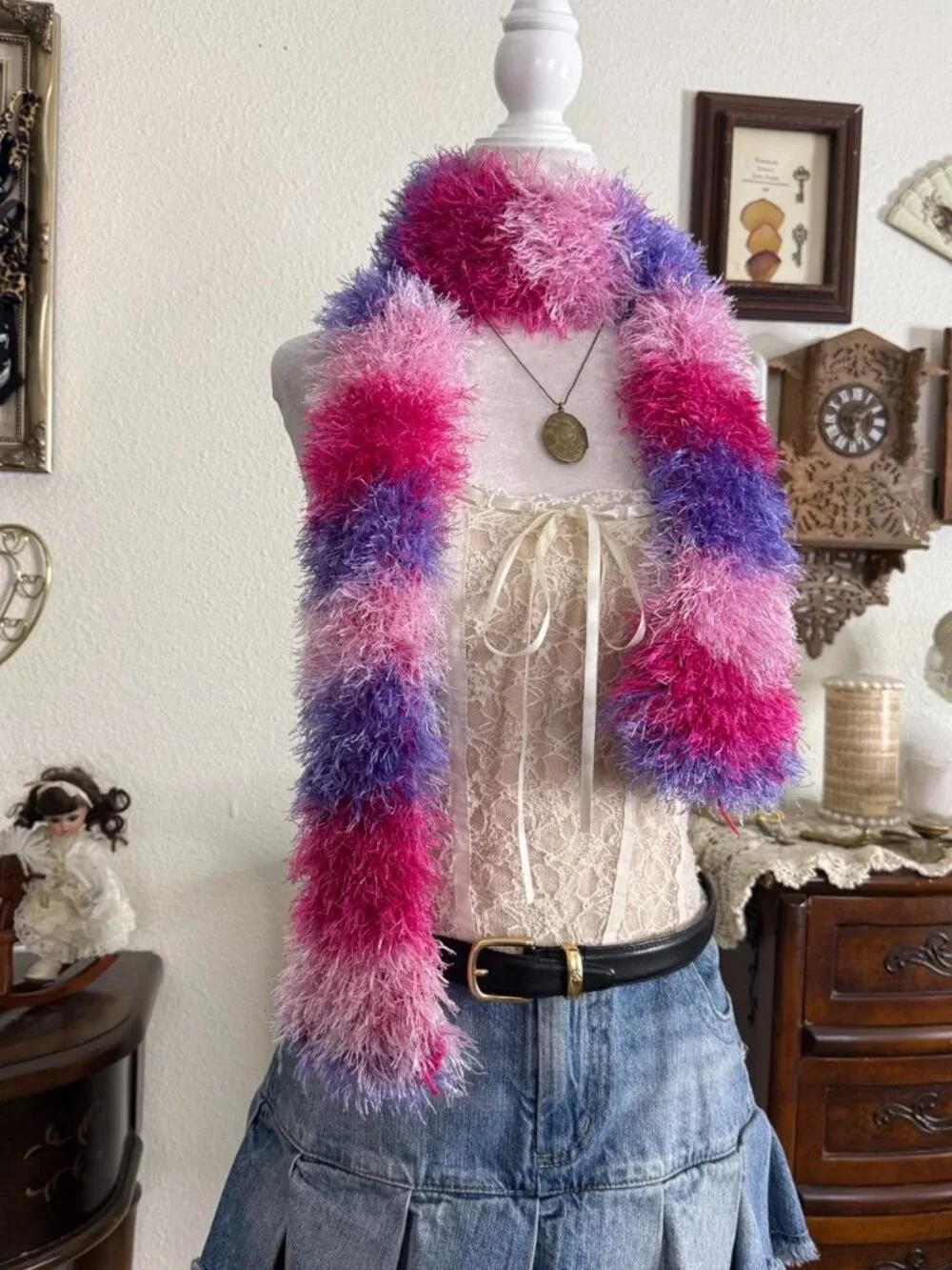 Y2K quirky funky fuzzy multicolored scarf